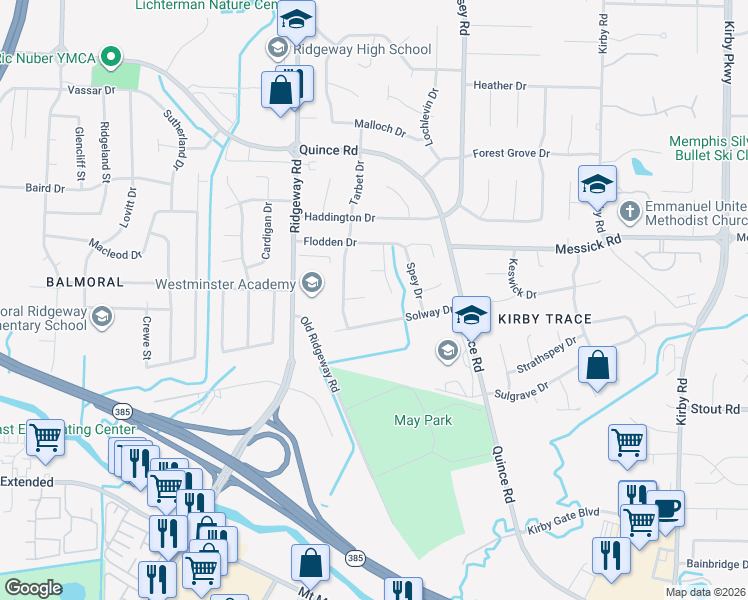 map of restaurants, bars, coffee shops, grocery stores, and more near 6215 Tarbet Cove in Memphis