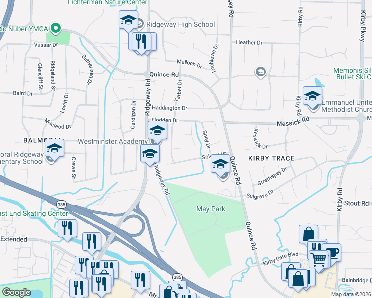 map of restaurants, bars, coffee shops, grocery stores, and more near 6215 Tarbet Cove in Memphis