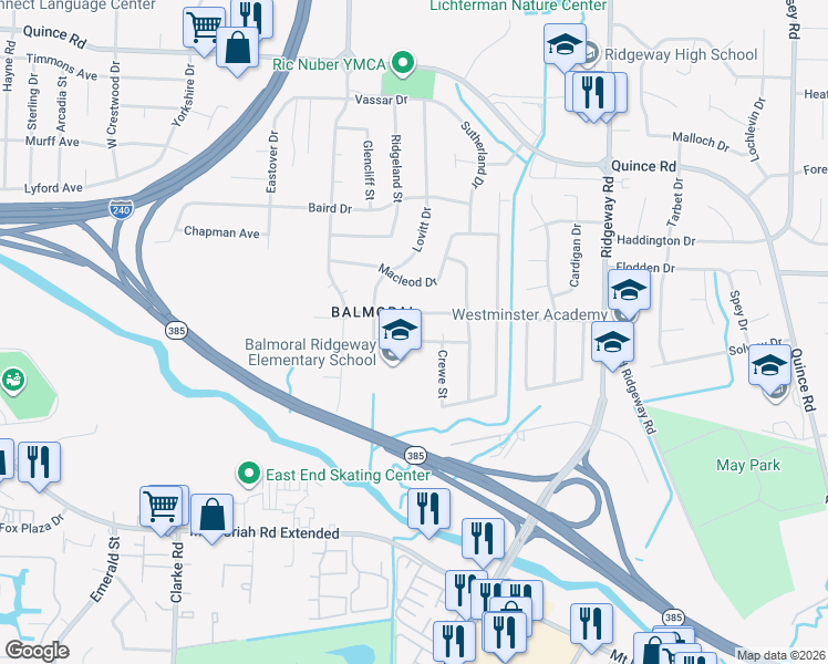 map of restaurants, bars, coffee shops, grocery stores, and more near 5910 Grosvenor Avenue in Memphis