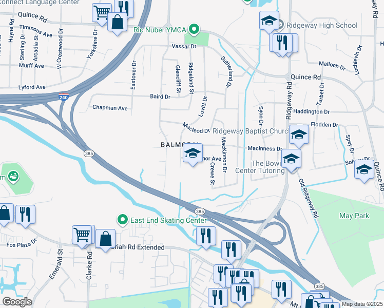 map of restaurants, bars, coffee shops, grocery stores, and more near 5910 Grosvenor Avenue in Memphis
