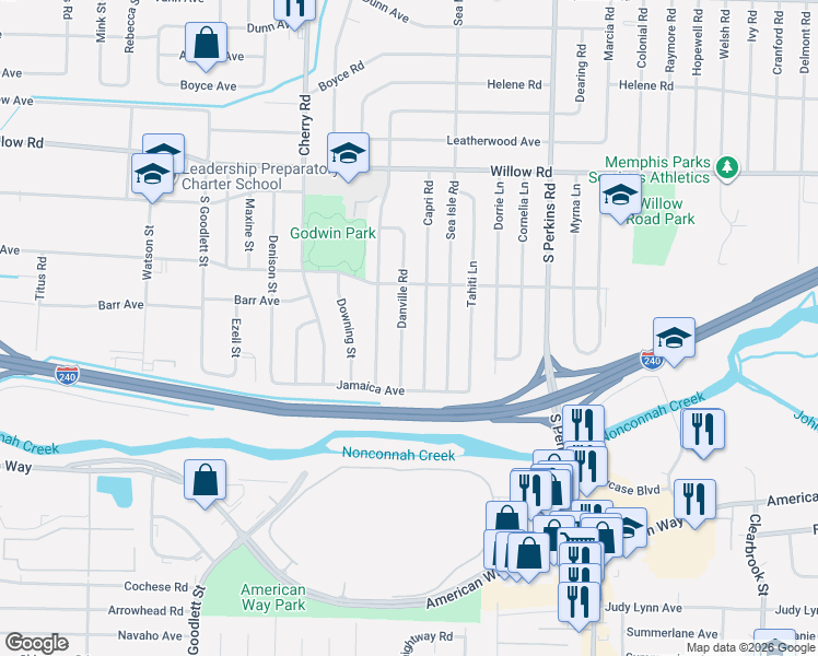 map of restaurants, bars, coffee shops, grocery stores, and more near 1879 Danville Road in Memphis