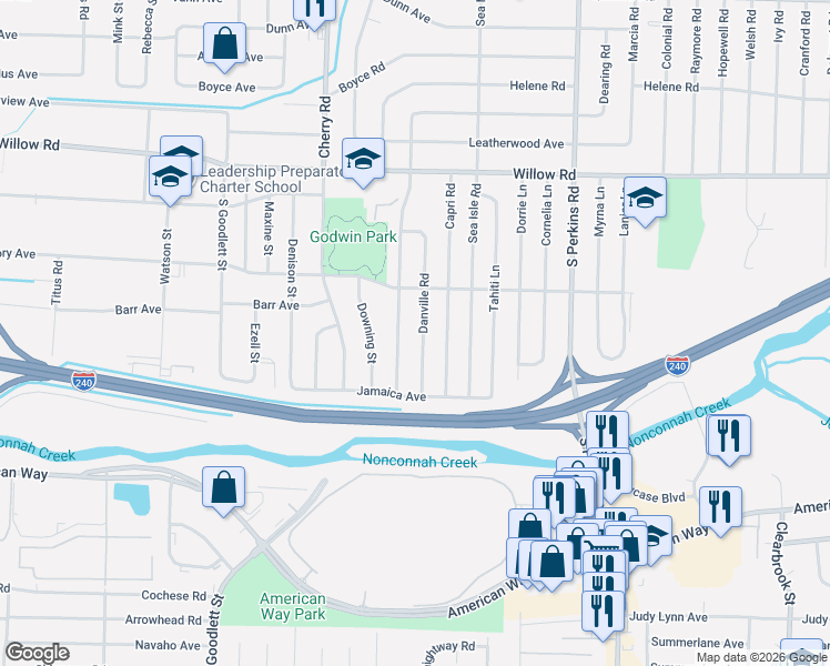 map of restaurants, bars, coffee shops, grocery stores, and more near 1879 Danville Road in Memphis