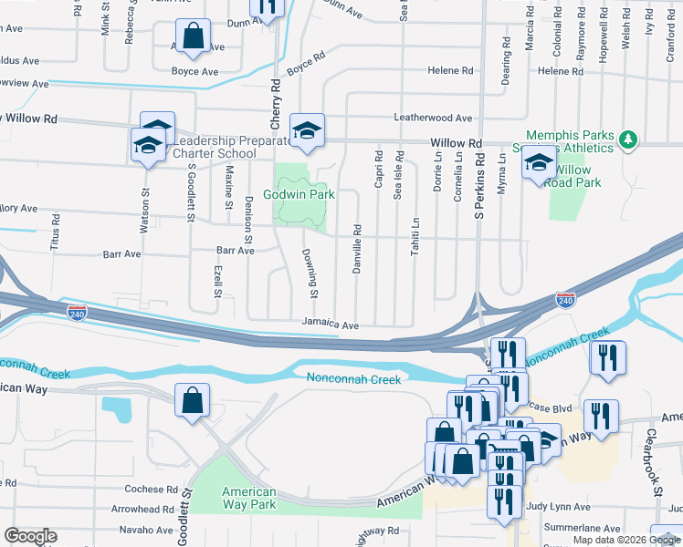 map of restaurants, bars, coffee shops, grocery stores, and more near 1879 Danville Road in Memphis