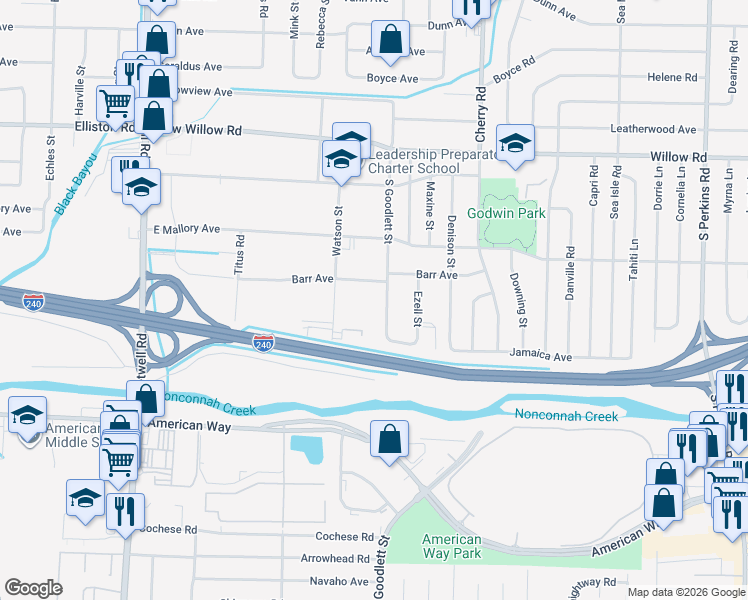 map of restaurants, bars, coffee shops, grocery stores, and more near 1868 Watson Street in Memphis