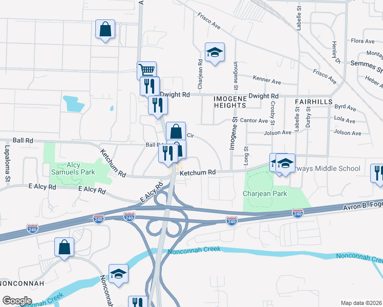 map of restaurants, bars, coffee shops, grocery stores, and more near 2376 Joy Lane in Memphis