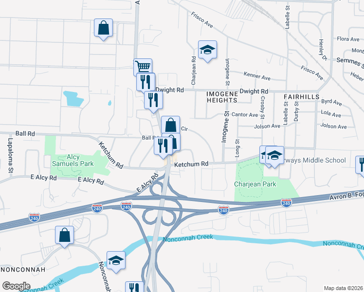 map of restaurants, bars, coffee shops, grocery stores, and more near 2376 Joy Lane in Memphis