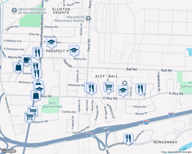 map of restaurants, bars, coffee shops, grocery stores, and more near 2374 Bridgeport Drive in Memphis