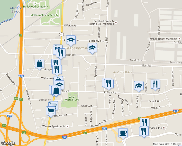 map of restaurants, bars, coffee shops, grocery stores, and more near 1494 Gausco Road in Memphis