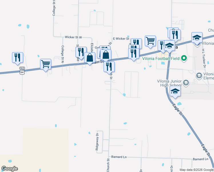 map of restaurants, bars, coffee shops, grocery stores, and more near 28c South Church Street in Vilonia