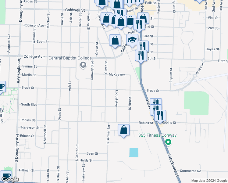 map of restaurants, bars, coffee shops, grocery stores, and more near 302 Locust Street in Conway