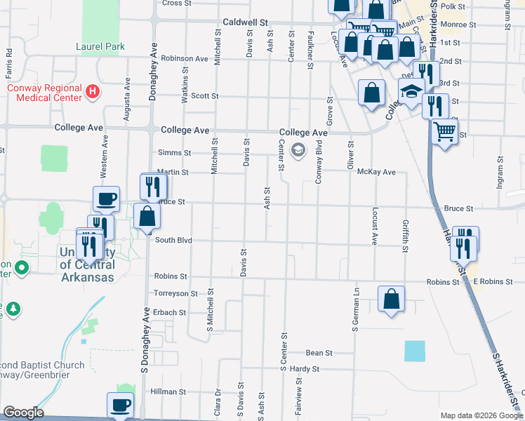 map of restaurants, bars, coffee shops, grocery stores, and more near 238 Ash Street in Conway