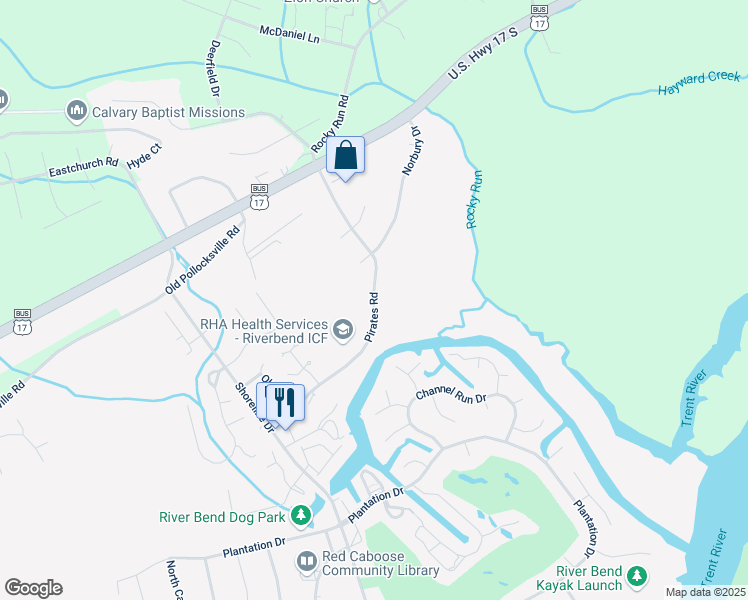 map of restaurants, bars, coffee shops, grocery stores, and more near Pirates Road in New Bern