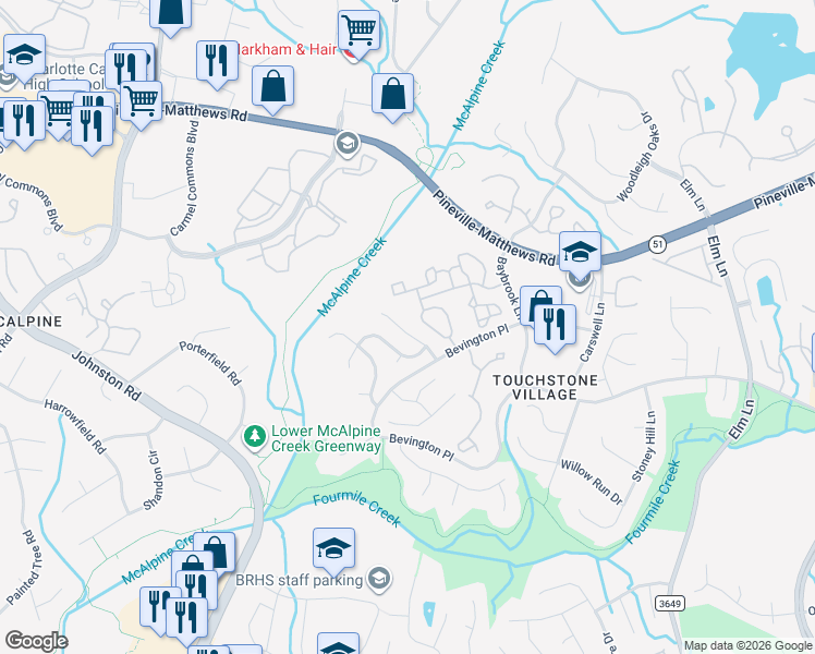 map of restaurants, bars, coffee shops, grocery stores, and more near 6700 Bevington Ridge Road in Charlotte
