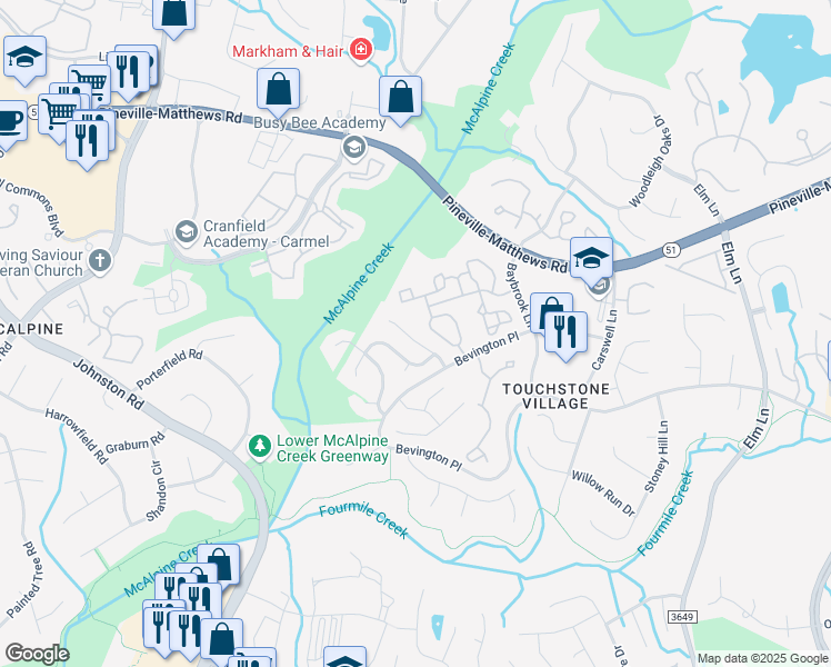 map of restaurants, bars, coffee shops, grocery stores, and more near 6700 Bevington Ridge Road in Charlotte