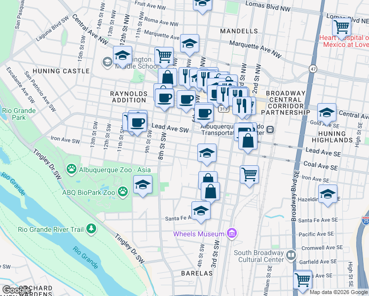 map of restaurants, bars, coffee shops, grocery stores, and more near 520 Coal Avenue Southwest in Albuquerque