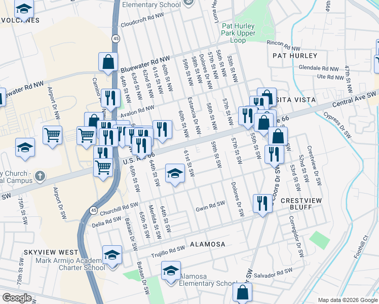 map of restaurants, bars, coffee shops, grocery stores, and more near 5941 Lucca Avenue Southwest in Albuquerque