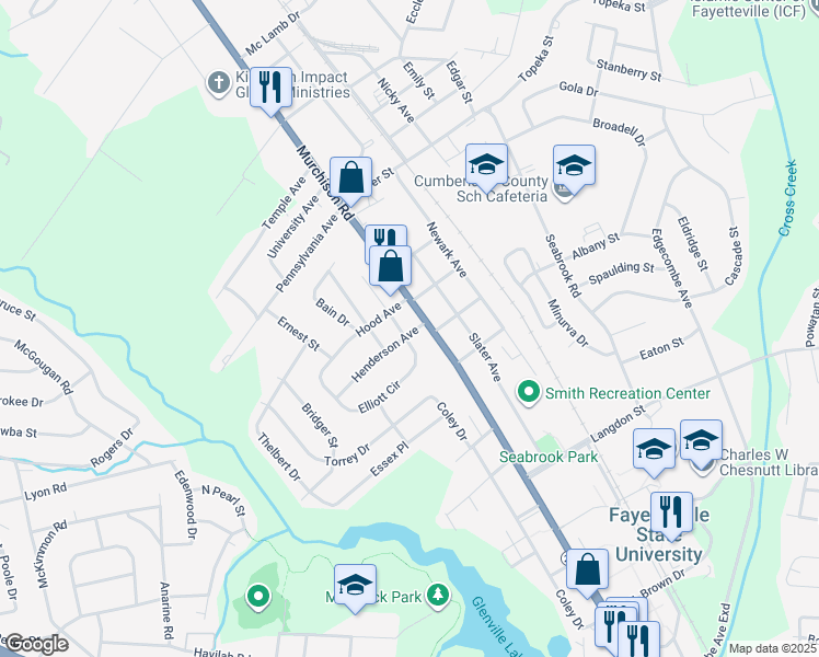 map of restaurants, bars, coffee shops, grocery stores, and more near 1807 Harris Street in Fayetteville