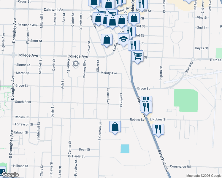 map of restaurants, bars, coffee shops, grocery stores, and more near 302 Locust Street in Conway