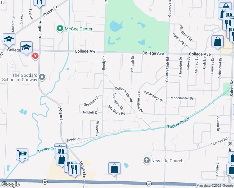 map of restaurants, bars, coffee shops, grocery stores, and more near 3530 Copperwood Circle in Conway