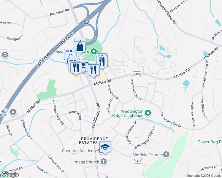 map of restaurants, bars, coffee shops, grocery stores, and more near 3239 Darlington Road in Matthews