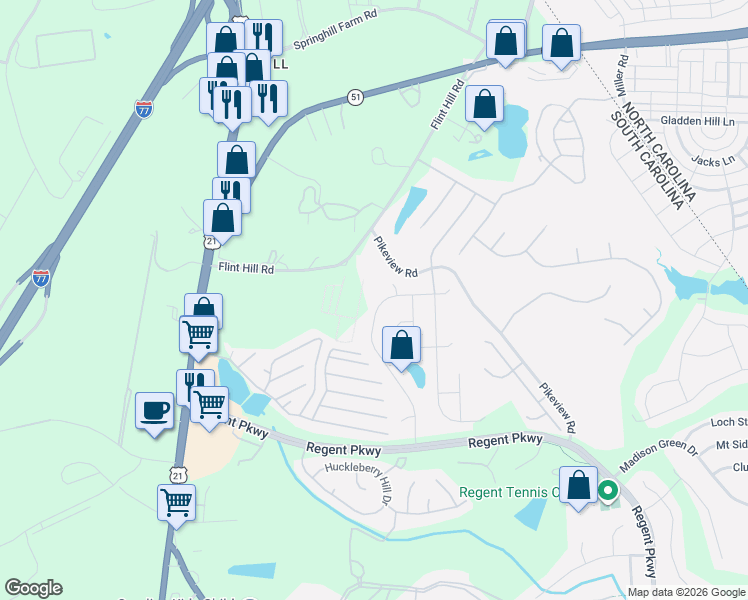 map of restaurants, bars, coffee shops, grocery stores, and more near 3192 Hadden Hall Boulevard in Fort Mill