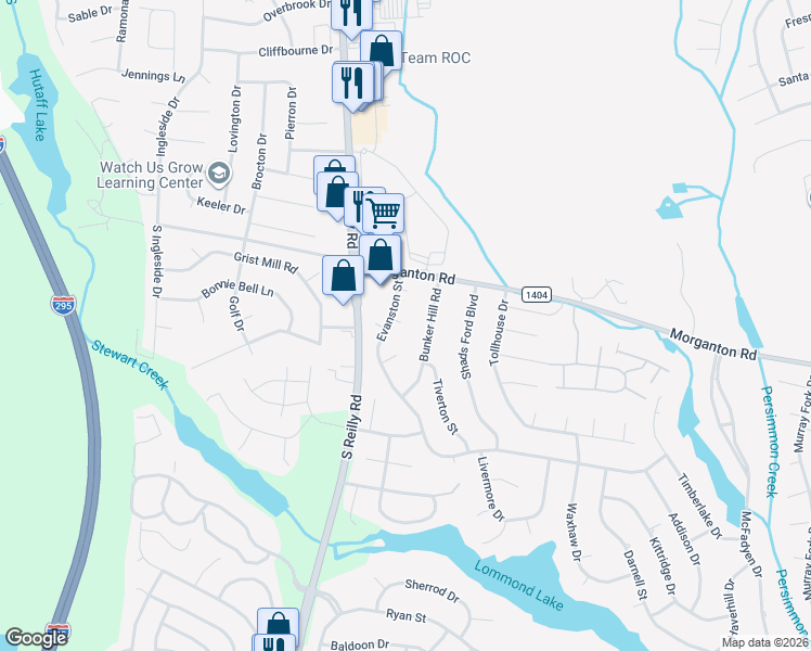 map of restaurants, bars, coffee shops, grocery stores, and more near 6501 Tannen Court in Fayetteville
