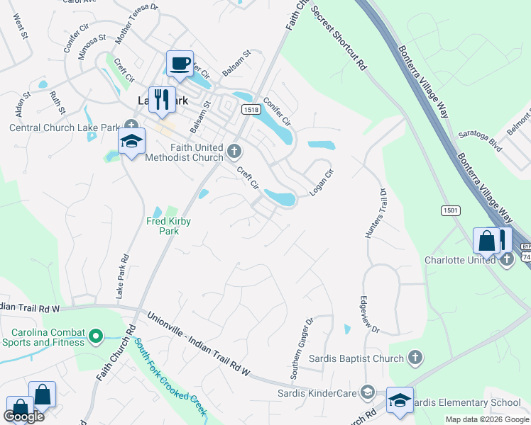 map of restaurants, bars, coffee shops, grocery stores, and more near 5705 Hoover Street in Indian Trail