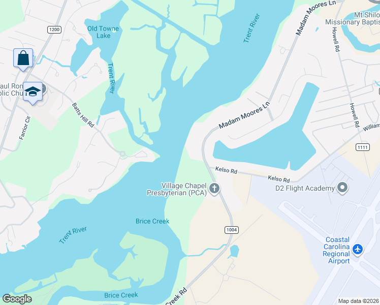 map of restaurants, bars, coffee shops, grocery stores, and more near 714 Madam Moores Lane in New Bern