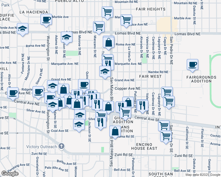 map of restaurants, bars, coffee shops, grocery stores, and more near San Mateo Blvd NE & Copper Ave NE in Albuquerque