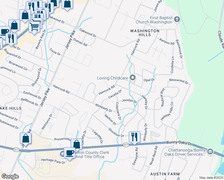 map of restaurants, bars, coffee shops, grocery stores, and more near 7740 Hancock Road in Chattanooga