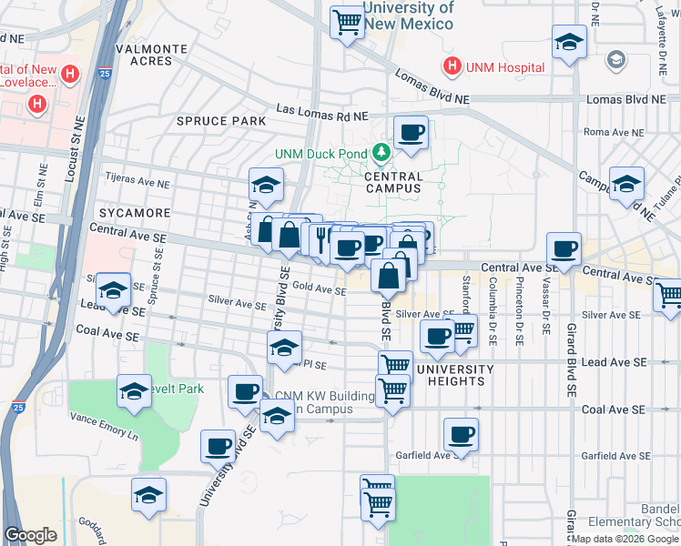 map of restaurants, bars, coffee shops, grocery stores, and more near 2000 Central Avenue Southeast in Albuquerque