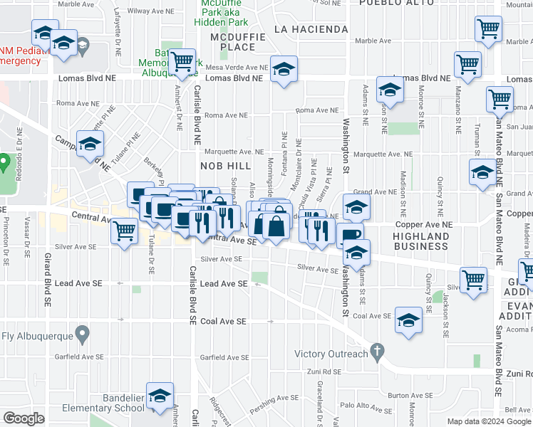 map of restaurants, bars, coffee shops, grocery stores, and more near 221 Morningside Drive Northeast in Albuquerque