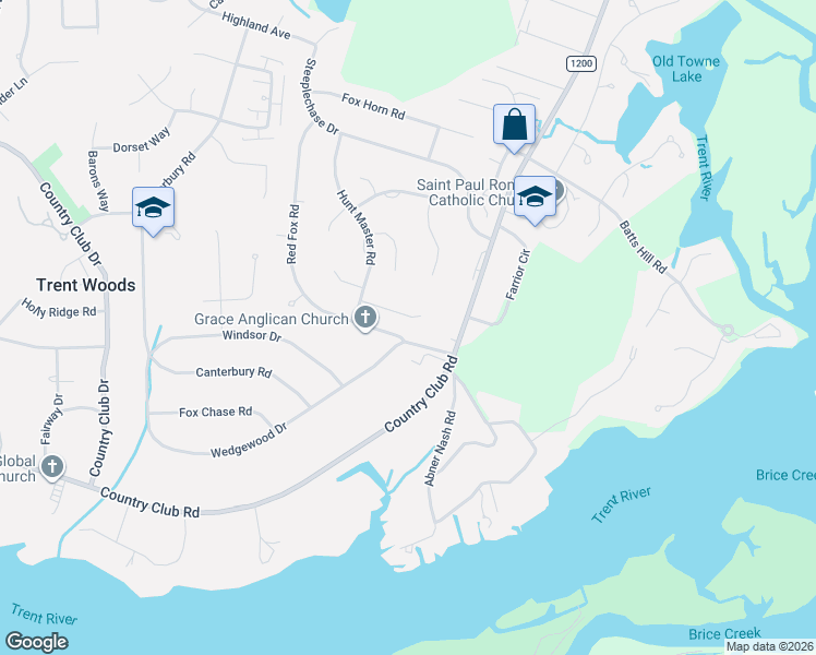 map of restaurants, bars, coffee shops, grocery stores, and more near 3114 Side Saddle Lane in Trent Woods