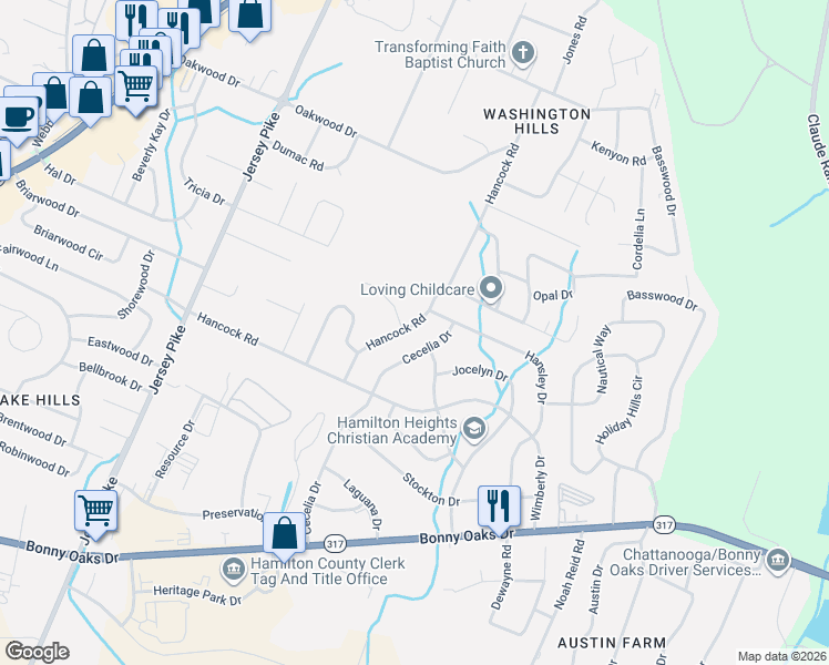map of restaurants, bars, coffee shops, grocery stores, and more near 7738 Hancock Road in Chattanooga