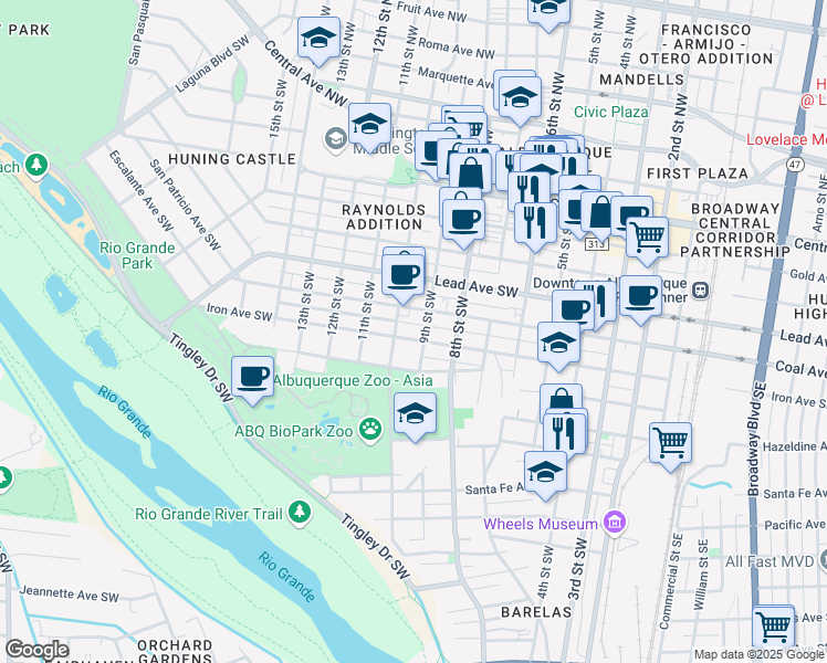 map of restaurants, bars, coffee shops, grocery stores, and more near 907 Iron Ave SW in Albuquerque