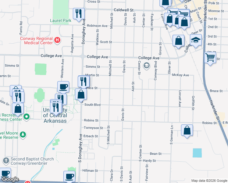map of restaurants, bars, coffee shops, grocery stores, and more near 1827 Bruce Street in Conway
