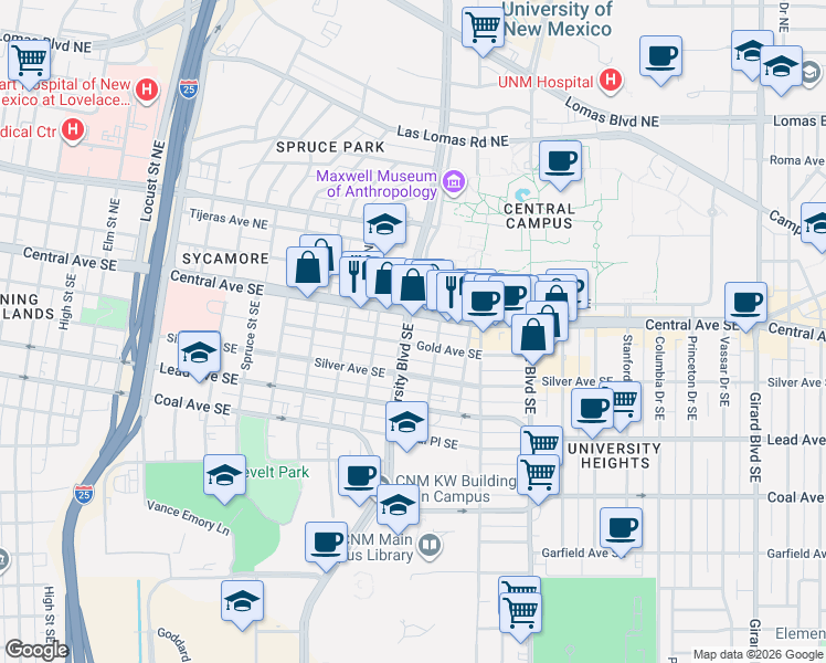 map of restaurants, bars, coffee shops, grocery stores, and more near 1817 Gold Avenue Southeast in Albuquerque