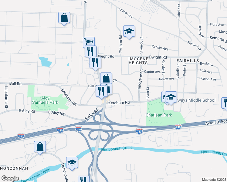 map of restaurants, bars, coffee shops, grocery stores, and more near 2376 Joy Lane in Memphis