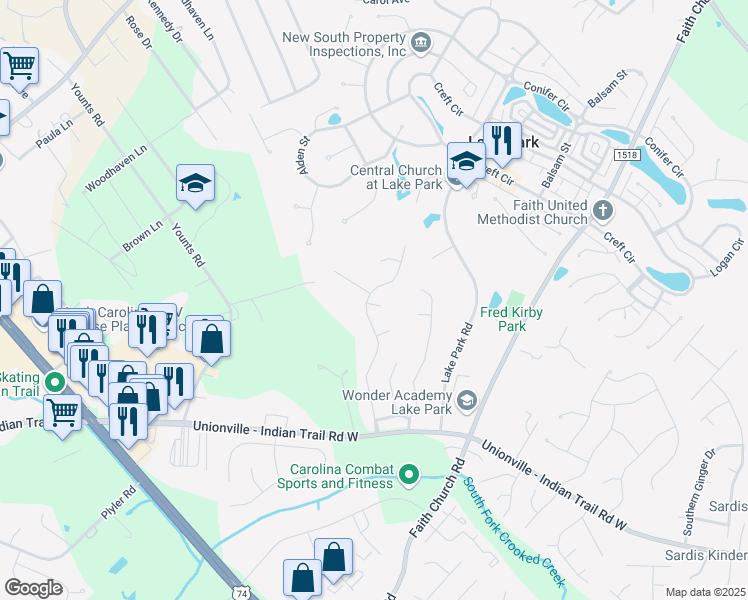 map of restaurants, bars, coffee shops, grocery stores, and more near 4600 Babbling Brook Court in Indian Trail