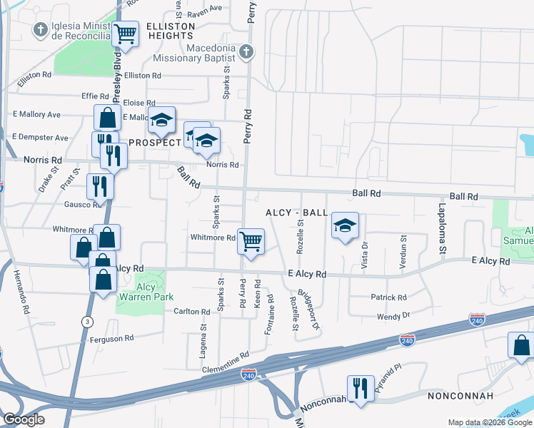 map of restaurants, bars, coffee shops, grocery stores, and more near 2374 Bridgeport Drive in Memphis