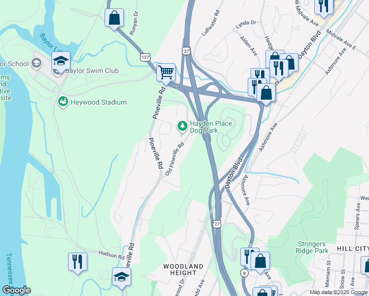 map of restaurants, bars, coffee shops, grocery stores, and more near 1136 Pineville Road in Chattanooga