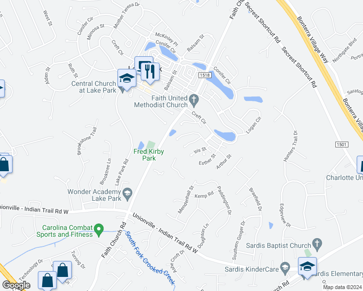 map of restaurants, bars, coffee shops, grocery stores, and more near 3603 Denise Drive in Indian Trail