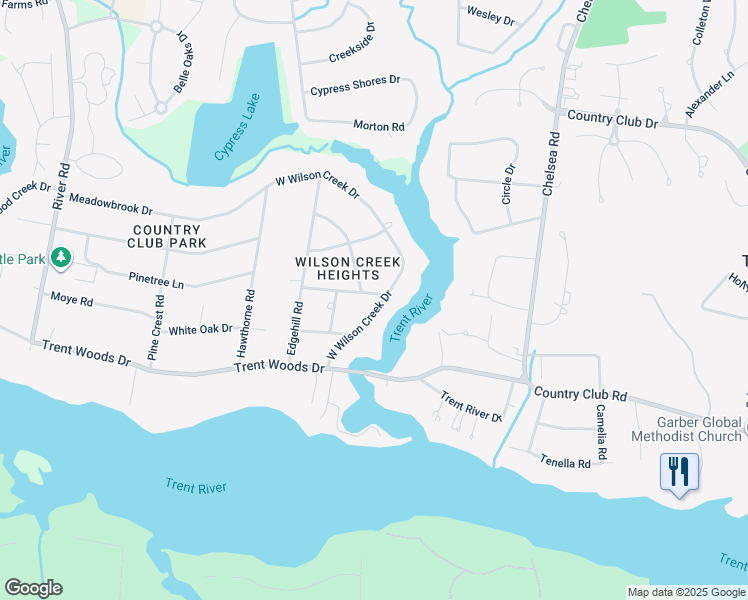map of restaurants, bars, coffee shops, grocery stores, and more near 407 West Wilson Creek Drive in Trent Woods