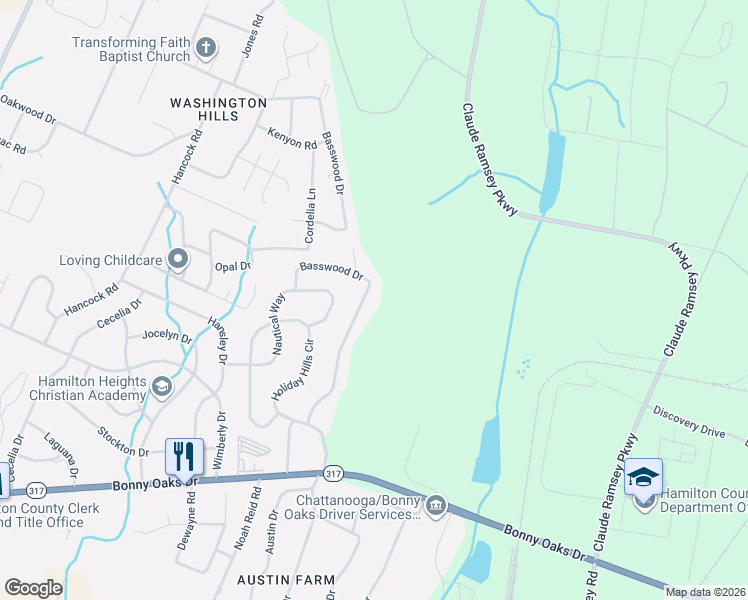 map of restaurants, bars, coffee shops, grocery stores, and more near 7750 Basswood Drive in Chattanooga