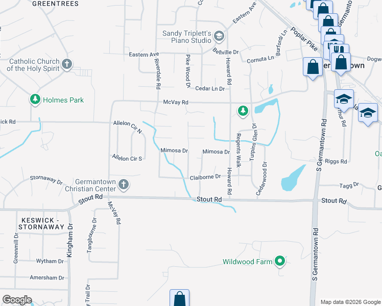 map of restaurants, bars, coffee shops, grocery stores, and more near 2499 Birchtree Drive in Germantown