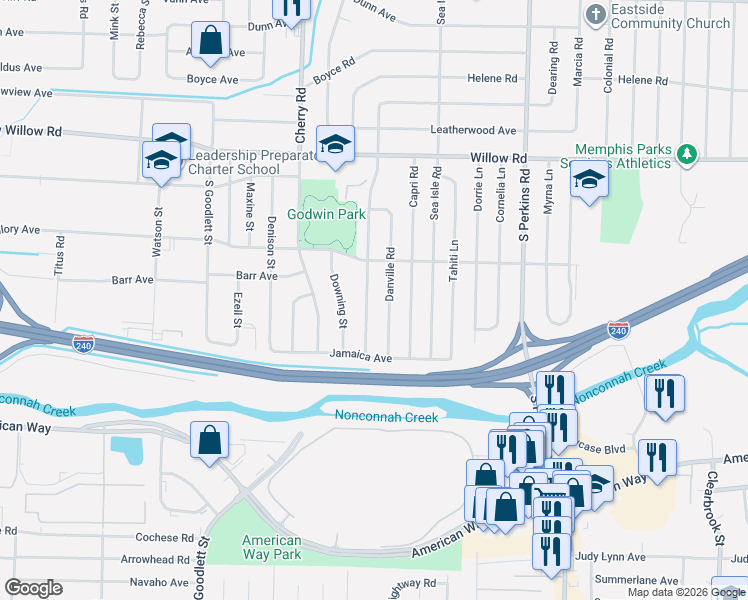 map of restaurants, bars, coffee shops, grocery stores, and more near 1879 Danville Road in Memphis