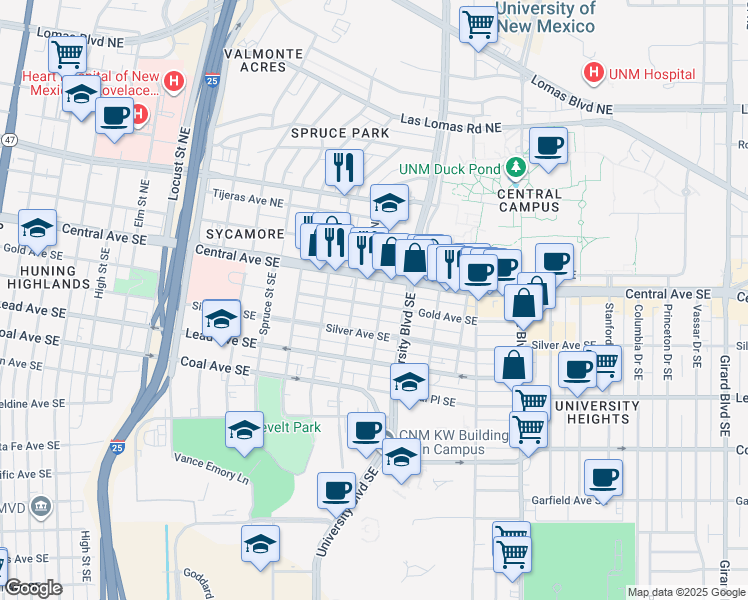 map of restaurants, bars, coffee shops, grocery stores, and more near 1617 Gold Avenue Southeast in Albuquerque
