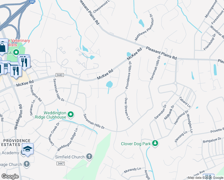 map of restaurants, bars, coffee shops, grocery stores, and more near 3007 Providence Hills Drive in Matthews