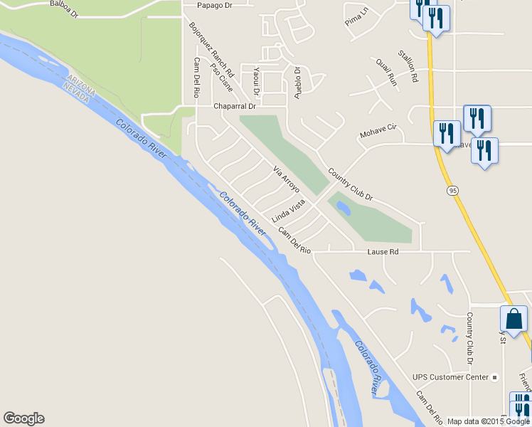 map of restaurants, bars, coffee shops, grocery stores, and more near 2650 Camino Del Rio in Bullhead City