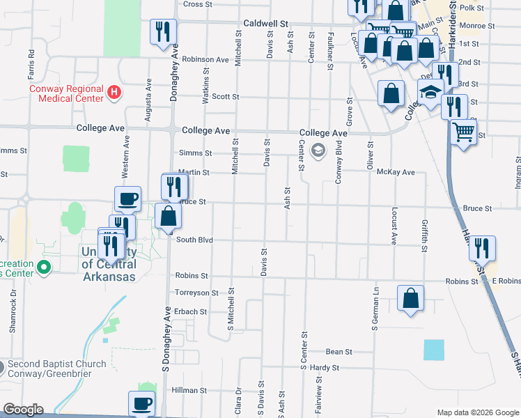 map of restaurants, bars, coffee shops, grocery stores, and more near 234 Davis Street in Conway